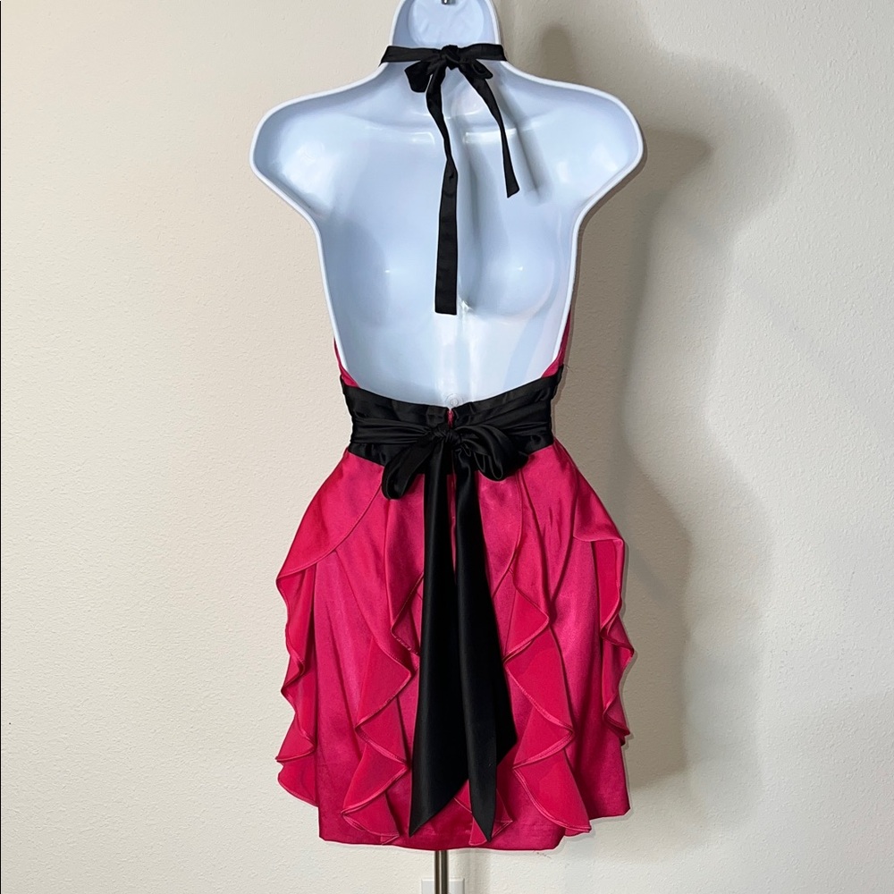 BCBGMAXAZRIA Ruffled Satin Halter Mini Dress - Picture 2 of 4